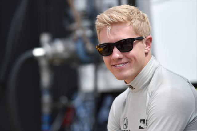Spencer Pigot sits along pit lane prior to his qualification attempt for the 100th Indianapolis 500 -- Photo by: Chris Owens