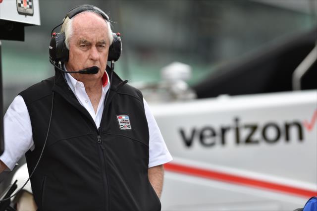 Roger Penske watches the action from his team's pit stand during qualifications for the 100th Indianapolis 500 -- Photo by: Chris Owens