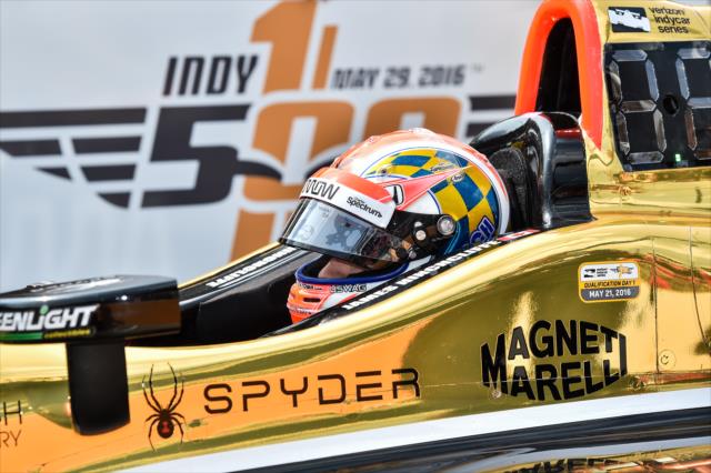 James Hinchcliffe sits in his No. 5 Arrow Honda in tech prior to his qualification attempt for the 100th Indianapolis 500 -- Photo by: Chris Owens