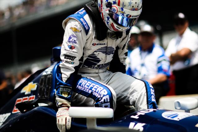 Josef Newgarden climbs into his Indy Car during qualfications for the 100th Running of the Indy 500 presented by PennGrade Motor Oil -- Photo by: David Yowe