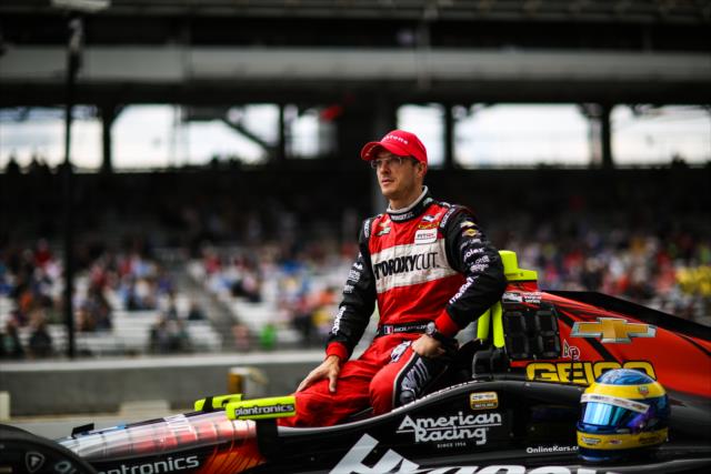 Sebastien Bourdais takes his post-qualifying photo during qualfications for the 100th Running of the Indy 500 presented by PennGrade Motor Oil -- Photo by: David Yowe