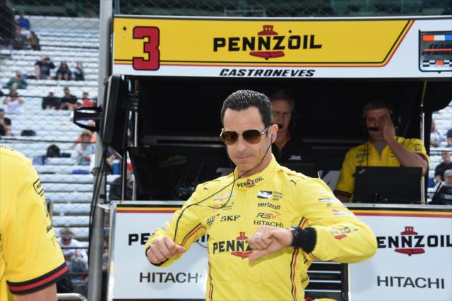 Helio Castroneves in pit lane during qualifications for the 100th Running of the Indy 500 presented by PennGrade Motor Oil -- Photo by: Jim Haines
