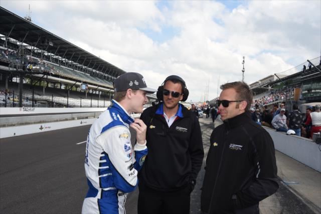 Josef Newgarden speaks with team owner Ed Carpenter during qualifications for the 100th Running of the Indy 500 presented by PennGrade Motor Oil -- Photo by: Jim Haines