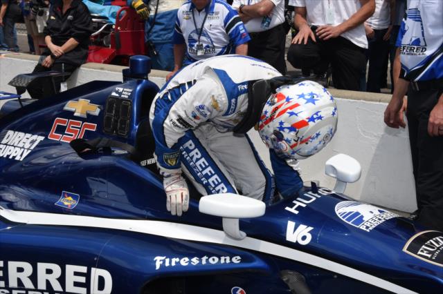 Josef Newgarden climbs into his car during qualifications for the 100th Running of the Indy 500 presented by PennGrade Motor Oil -- Photo by: Jim Haines