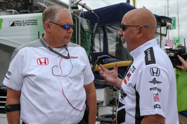 Bobby Rahal talks with a team engineer during qualifications for the 100th Running of the Indy 500 presented by PennGrade Motor Oil -- Photo by: Joe Skibinski