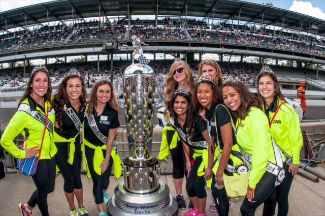 500 Festival Princesses and the Borg-Warner Trophy on track during qualifications for the 100th Running of the Indy 500 presented by PennGrade Motor Oil -- Photo by: Mike Finnegan