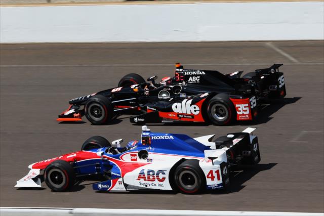 Alex Tagliani and Jack Hawksworth on track during the 100th running of the Indianapolis 500 presented by PennGrade Motor Oil -- Photo by: Chris Jones