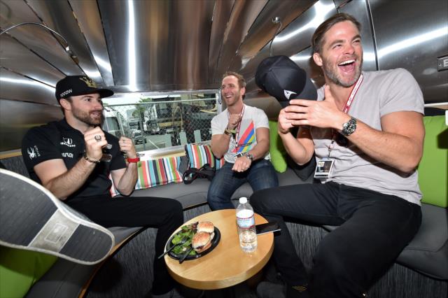 James Hinchcliffe jokes with Honorary Starter Chris Pine Race Day morning for the 100th Running of the Indy 500 presented by PennGrade Motor Oil -- Photo by: Chris Owens