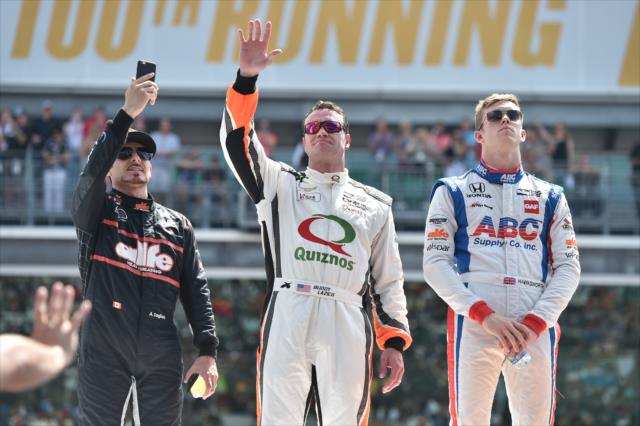 Alex Tagliani, Buddy Lazier and Jack Hawksworth during driver introductions prior to the 100th Running of the Indy 500 presented by PennGrade Motor Oil -- Photo by: Chris Owens