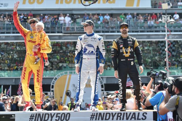 Ryan Hunter-Reay, Josef Newgarden and James Hinchcliffe during driver introductions prior to the 100th Running of the Indy 500 presented by PennGrade Motor Oil -- Photo by: Chris Owens