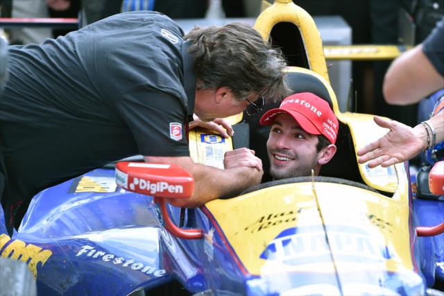 Alexander Rossi with Michael Andretti in victory circle after winning the 100th Running of the Indianapolis 500 presented by PennGrade Motor Oil -- Photo by: Chris Owens