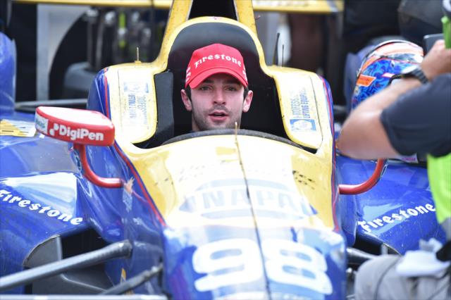 Alexander Rossi overwhelmed in victory circle after winning the 100th Running of the Indianapolis 500 presented by PennGrade Motor Oil -- Photo by: Chris Owens