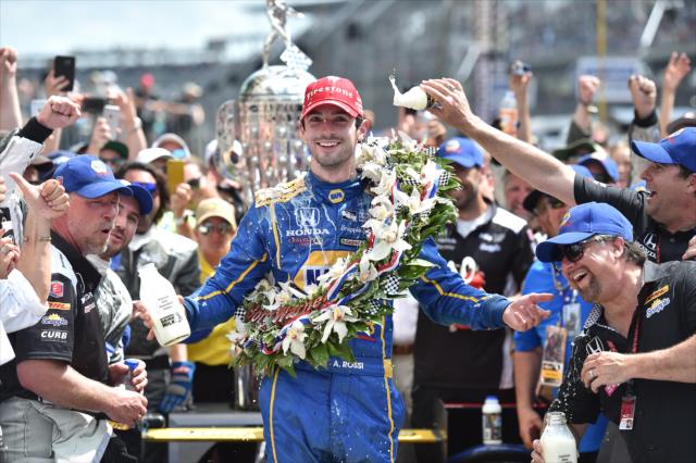Alexander Rossi in victory circle after wining the 100th Running of the Indianapolis 500 presented by PennGrade Motor Oil -- Photo by: Chris Owens