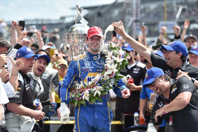 Alexander Rossi in victory circle after winning the 100th Running of the Indianapolis 500 presented by PennGrade Motor Oil -- Photo by: Chris Owens