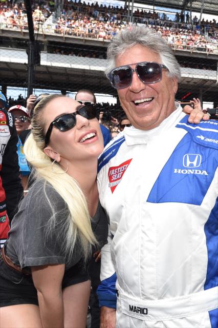 Lady Gaga with Mario Andretti prior to the 100th Running of the Indy 500 presented by PennGrade Motor Oil -- Photo by: Chris Owens