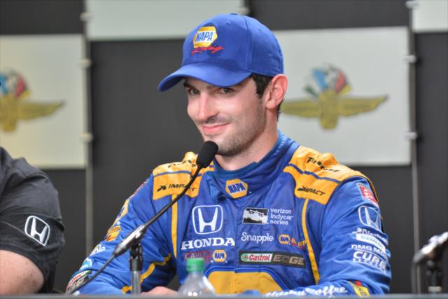 Alexander Rossi after winning the 100th Running of the Indianpolis 500 presented by PennGrade Motor Oil -- Photo by: Dana Garrett