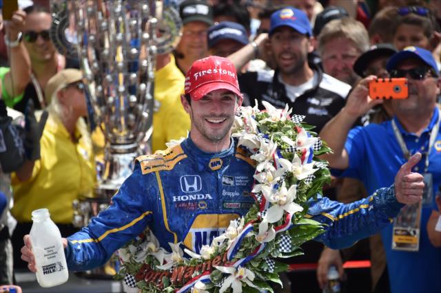 Alexander Rossi after winning the 100th Running of the Indianapolis 500 presented by PennGrade Motor Oil -- Photo by: Dana Garrett