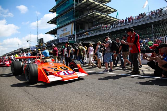 Buddy Rice takes the 1973 winning car out for a parade lap during pre-race festivities for the 100th Indianapolis 500 -- Photo by: David Yowe