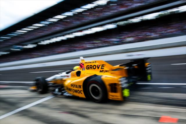 Spencer Pigot peels out of his pit stall during the 100th Indianapolis 500 -- Photo by: David Yowe