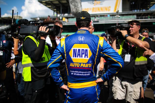 Alexander Rossi is interviewed by the media following his victory in the 100th Indianapolis 500 -- Photo by: David Yowe