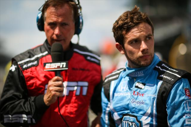 Carlos Munoz is interviewed on pit lane following his runner-up finish in the 100th Indianapolis 500 -- Photo by: David Yowe