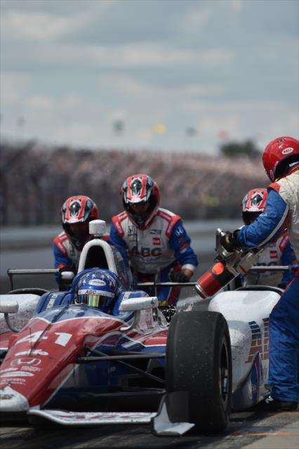 Jack Hawksworth comes in for service on pit lane during the 100th Indianapolis 500 -- Photo by: Eric Anderson