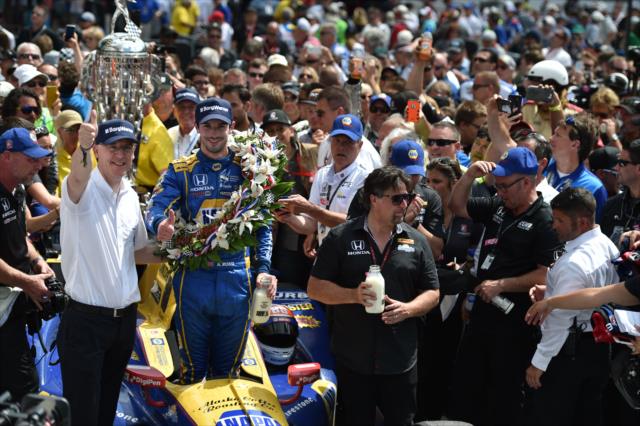Alexander Rossi and the Andretti Herta Autosport team celebrates in Victory Circle following his win in the 100th Indianapolis 500 -- Photo by: Eric Anderson