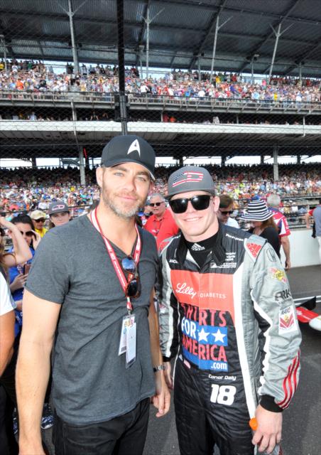Conor Daly and Chris Pine during the grid walk before the 100th running of the Indianapolis 500 presented by PennGrade Motor Oil -- Photo by: Eric McCombs