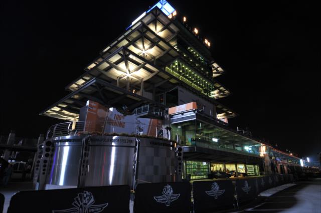 Victory Podium and the Panasonic Pagoda under the early morning darkness on the dawn of the 100th Running of the Indianapolis 500. -- Photo by: Eric McCombs