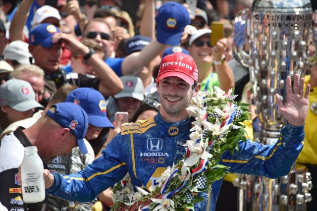 Alexander Rossi after winning the 100th Running of the Indianpolis 500 presented by PennGrade Motor Oil -- Photo by: John Cote