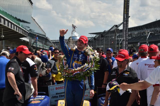 Alexander Rossi after winning the 100th Running of the Indy 500 presented by PennGrade Motor Oil -- Photo by: John Cote