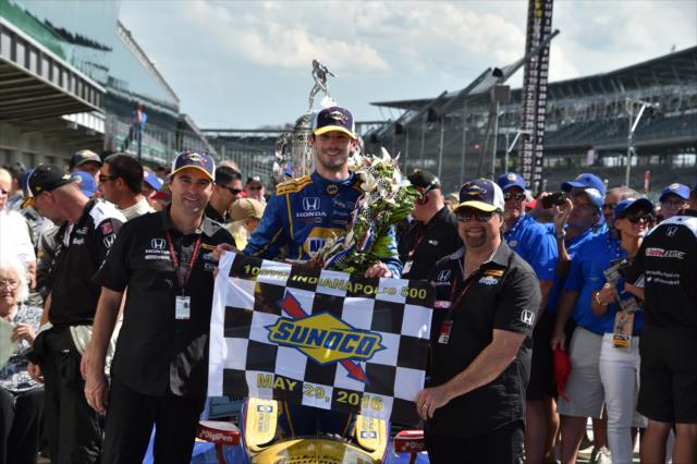 Alexander Rossi after winning the Indy 500 presented by Penngrade Motor Oil -- Photo by: John Cote