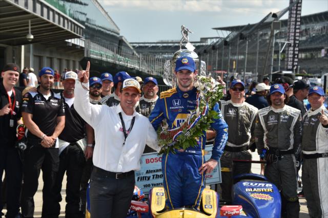 Alexander Rossi after winning the 100th Running of the Indianaplis 500 presented by PennGrade Motor Oil -- Photo by: John Cote