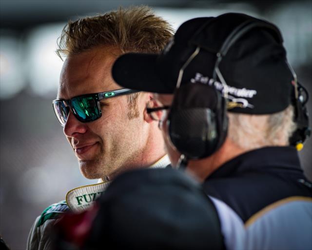 Ed Carpenter in his pit stand following his falling out of the 100th Indianapolis 500 -- Photo by: Karl Zemlin