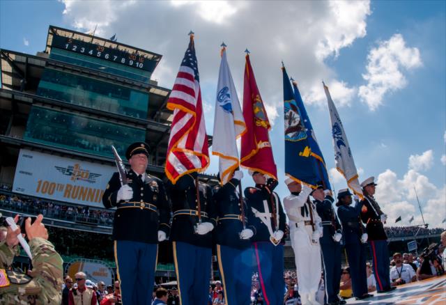 The presentation of colors during pre-race festivities for the 100th Indianapolis 500 -- Photo by: Mike Finnegan