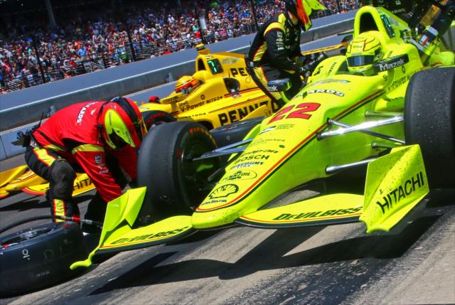 New tires go on the No. 22 Menards Chevrolet of Simon Pagenaud during the 100th Indianapolis 500 -- Photo by: Mike Harding