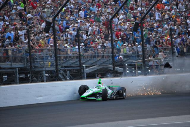 Sage Karam makes contact with the Turn 1 outside wall during the 100th Indianapolis 500 -- Photo by: Mike Young