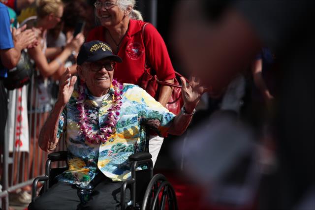 A Pearl Harbor veteran is honored during pre-race festivities for the 100th Indianapolis 500 -- Photo by: Shawn Gritzmacher