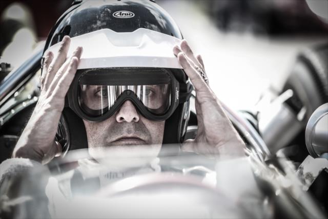 Dario Franchitti prepares for a parade lap in the 1965 winning machine during pre-race festivities for the 100th Indianapolis 500 -- Photo by: Shawn Gritzmacher