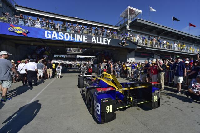 The No. 98 NAPA Honda is rolled out from Gasoline Alley during pre-race festivities for the 100th Indianapolis 500 -- Photo by: Walter Kuhn