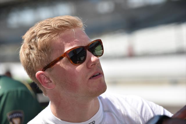 Spencer Pigot chats with his team prior to the final warmup for the INDYCAR Grand Prix at the Indianapolis Motor Speedway -- Photo by: Dana Garrett