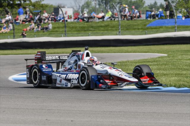 Graham Rahal hits the apex of Turn 9 during the final warmup for the INDYCAR Grand Prix at the Indianapolis Motor Speedway -- Photo by: Forrest Mellott