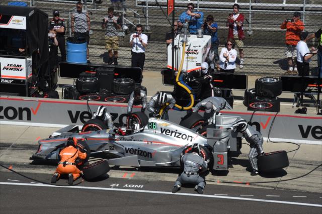 Helio Castroneves comes in for tires and fuel on pit lane during the INDYCAR Grand Prix at the Indianapolis Motor Speedway -- Photo by: Jim Haines