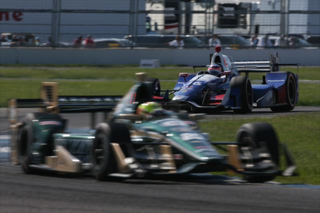 Takuma Sato chases down Spencer Pigot through Turn 9 during the INDYCAR Grand Prix at the Indianapolis Motor Speedway -- Photo by: Joe Skibinski