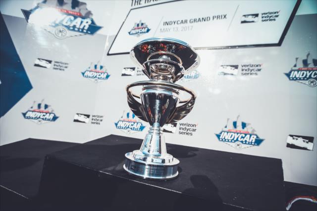 The winners trophy sits in Victory Circle following the INDYCAR Grand Prix at the Indianapolis Motor Speedway -- Photo by: Joe Skibinski