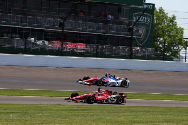 Conor Daly and Graham Rahal roll through Turn 2 during practice for the 101st Indianapolis 500 -- Photo by: Chris Jones