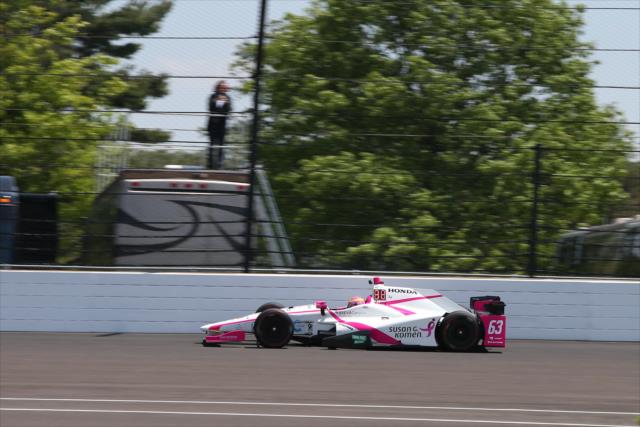 Pippa Mann exits Turn 2 during practice for the 101st Indianapolis 500 -- Photo by: Chris Jones