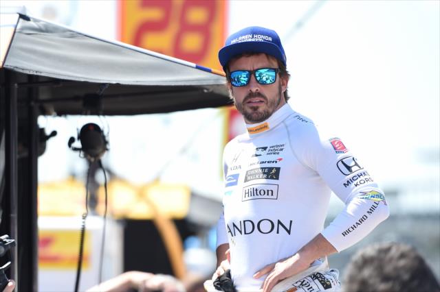 Fernando Alonso looks down pit lane during practice for the 101st Indianapolis 500 -- Photo by: Chris Owens