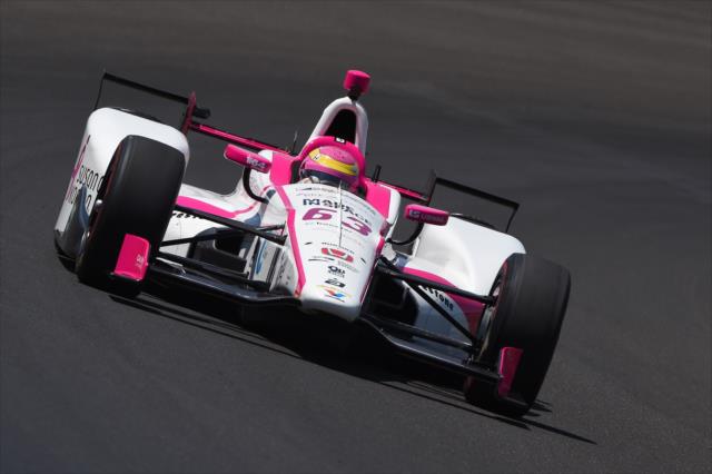 Pippa Mann sets sail through Turn 3 during practice for the 101st Indianapolis 500 -- Photo by: Chris Owens