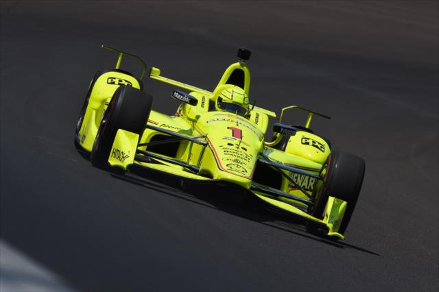Simon Pagenaud sets sail through Turn 3 during practice for the 101st Indianapolis 500 -- Photo by: Chris Owens